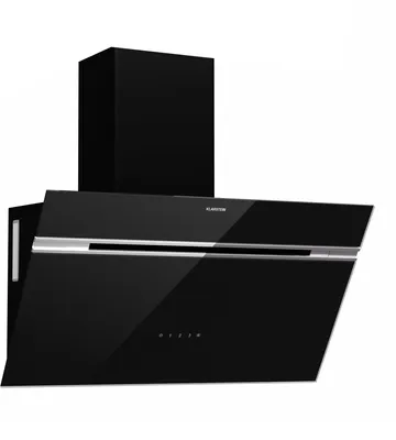 A black kitchen hood with a chimney is shown against a white background.