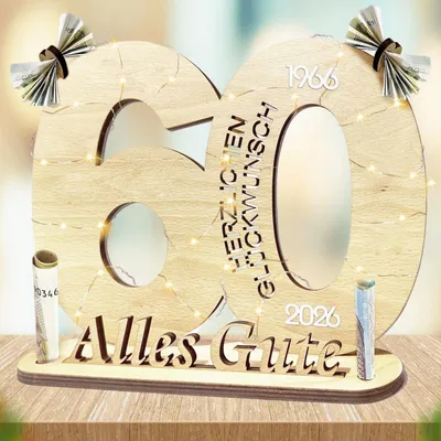 LED-Holzornament zum 60. Geburtstag, Tischdekoration mit Lichterkette