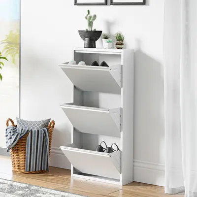 Produktbild von Vozík na boty "Sokndal" se 3 chlopněmi kovový 104 x 50 x 15 cm Bílý
