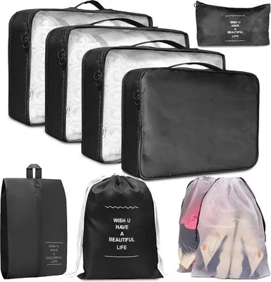 Produktbild von Unyqoos® 9‑teiliges Koffer‑Organizer‑Set – leichte Packing Cubes mit Kompression, inkl. Schuh‑ & Unterwäschebeutel, 2 durchsichtige Beutel, wasserdicht, Schwarz
