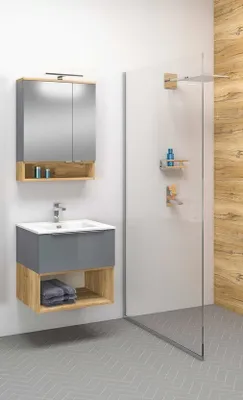Produktbild von MONTIERT Badmöbel Set mit Waschbecken NELLE GRAU-EICHE 60cm SOFTCLOSE LED Waschtisch Spiegelschrank