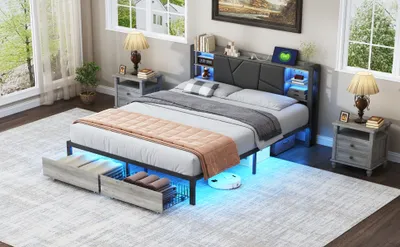 Image de UnboxG Lit rembourré 140x200cm Lit double avec USB et Led, 2 tiroirs,Lit en bois massif avec sommier à lattes et tête de lit, lit de rangement Lit fonctionnel