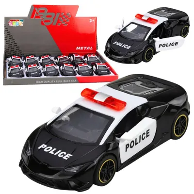 Produktbild von Polizeiauto Sportwagen mit motorisiertem Metall-Rückziehmechanismus, schwarz, Maßstab 1:43