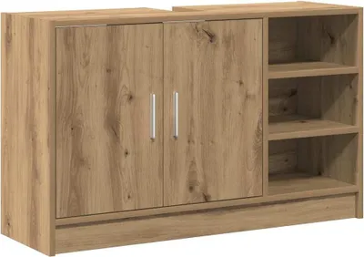 A wooden cabinet with two doors and open shelves.