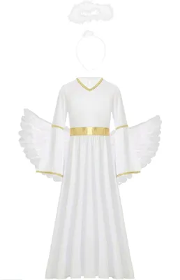 A white angel costume with gold trim, including wings and a halo, displayed against a white background.