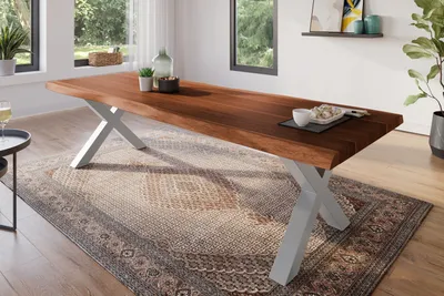 Produktbild von Esstisch 300 x 100 cm Akazie massiv nussbaum Baumkantentisch X-Gestell silber ATLAS