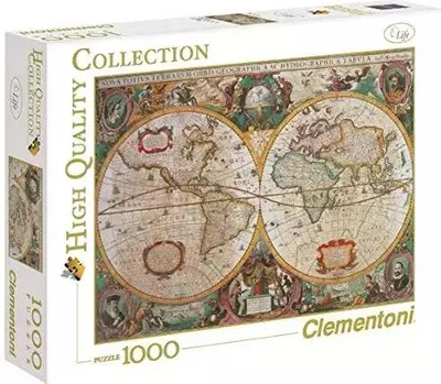 The image shows the front and side of a Clementoni puzzle box featuring an old world map.