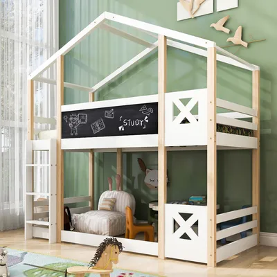 Image de MODFU Lit superposé 90x200 cm - En bois de pin massif, avec échelle et sommier - Sans matelas - Blanc