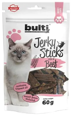 Obrázek produktu pro Bulti | Jerky tyčinky pro kočky – pro dobrý pocit – 60 g – 82 % živočišných složek – s vysokým obsahem bílkovin – hovězí pamlsky