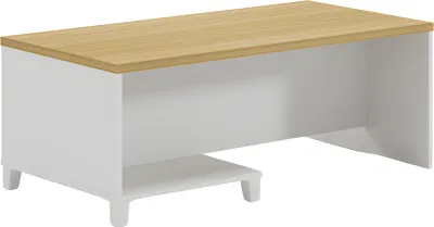 Immagine prodotto di Tavolino moderno con corpo bianco e superficie in legno per un soggiorno elegante