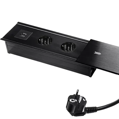 Zdjęcie produktu dla Gniazdo na biurko Listwa z wieloma gniazdami 2X Schuko, 2X USB 2.0, kabel 1,5 m z wtyczką. na biurko, przedłużacz, gniazdo meblowe, Spacetronik SPS-S24B_V2 Czarny