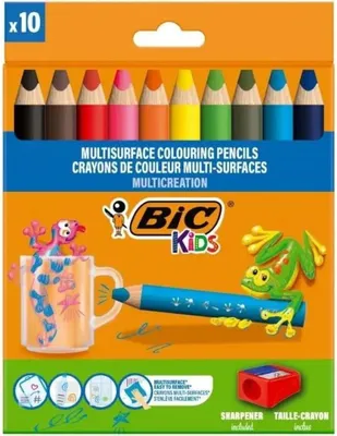 Image de Crayons de couleur triangulaires BIC Kids Multisurface étui carton de 10 avec taille-crayon