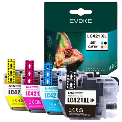 Image de Cartouches d'encre compatibles Evoke pour Brother LC-421XL LC421XL LC-421 LC421, lot de 4 couleurs CMJN : noir, cyan, magenta, jaune, capacité de 46 ml, rendement de 500 pages, compatibles avec les modèles DCP-J1050DW, J1140DW, J1800DW et MFC-J1010DW