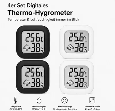 Produktbild von 4er Set Digitales Thermo-Hygrometer – 2x Schwarz & 2x Weiß – Mini Thermometer mit Luftfeuchtigkeitsmesser – LCD Display