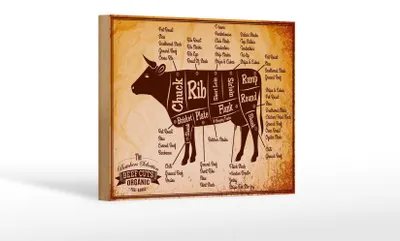 Produktbild von Holzschild Kuh 18x12cm Beef cuts Organic Metzgerei