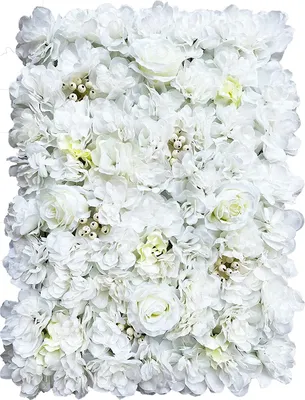A close-up, full-frame shot of a white artificial flower wall panel.