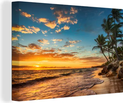 Produktbild von OneMillionCanvasses® - Leinwandbilder - 150x100 cm, Strand - Sonnenuntergang - Meer - Palme, Wandbilder Kunstdruck Wanddekoration - Foto auf Leinwand - Gemälde auf Holzrahmen