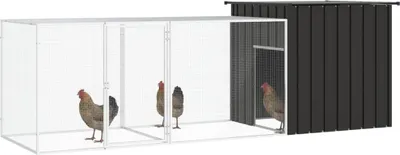 A chicken coop with an attached run, with three chickens visible.