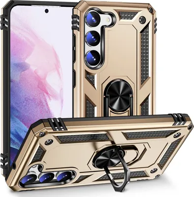 Produktbild von Schutzhülle für Samsung Galaxy S23+, Dual Layer Robust Militäre Fallschutz Hülle mit Ringhalterung Ständer Gold