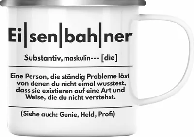 Produktbild von Trendation - Eisenbahner Geschenk Modelleisenbahn Geschenk Emaille Tasse Dampflok Spruch Mönner Geschenkdidee (Silber)