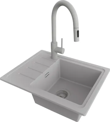 Produktbild von PRIMAGRAN Granitspüle Grau 55x44cm, Spülbecken 1 Becken + Küchenarmatur 40x20cm + Ablauf-Set, Küchenspüle ab 45er Unterschrank - Kopenhagen Easy