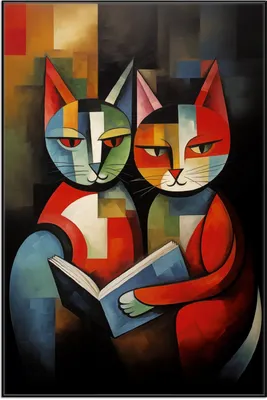 Produktbild von Wallario Wandbild Lesende Katzen, Größe: 61 x 91,50 cm, Poster mit schwarzem Aluminiumrahmen