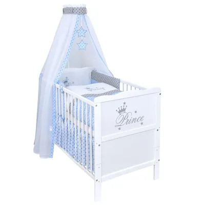 Produktbild von Baby-Delux Babybett Kinderbett Gitterbett Prince 60x120 Weiß inkl. 10-tlg Prince Stars Bettwäsche Set Matratze, Beißschienen zum Schutz