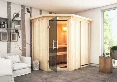 Produktbild von Plug & Play Sauna Karibu Laja ohne Ofen mit Dachkranz und graphitfarbiger Ganzglastüre