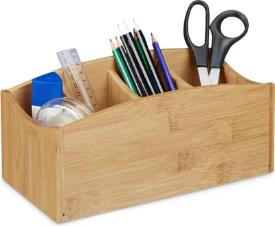 Immagine prodotto di Organizzatore da scrivania in bambù - portapenne a 4 scomparti - legno naturale - HBD 115 x 26 x 13 cm - naturale