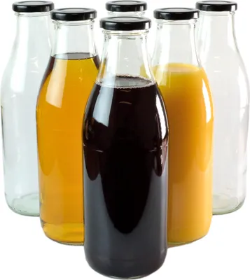 Produktbild von gouveo 6er Set Saftflasche 1000 ml mit Schraubdeckel schwarz - Große Glasflasche 1 Liter mit TO48 Verschluss - Leere Flasche zum Befüllen