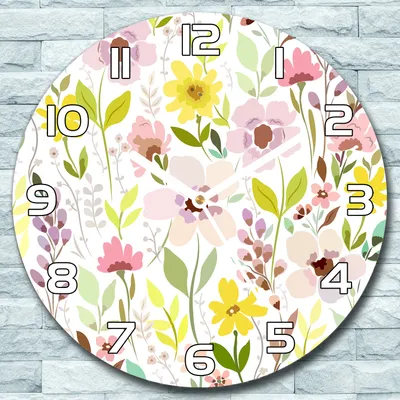 Produktbild von Wanduhr aus Glas Rund fi 30 Bunte Blumen gelb Quarz Deko Schlafzimmer Büro