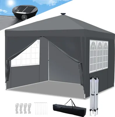 Obrázek produktu pro TolleTour altán skládací altán 3x3m šedý se solárním led světlem s bočními stěnami párty stan UV ochrana výškově nastavitelný s přepravní taškou, pro venkovní kempování na zahradě