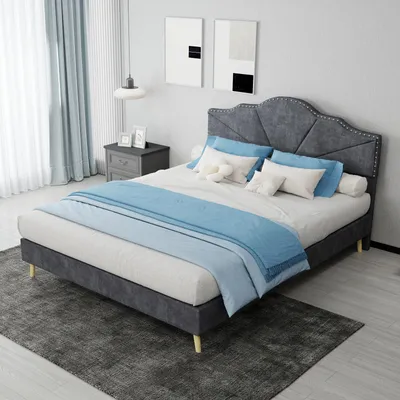 Obrázek produktu pro Postel s čalouněnou konstrukcí, rozměry 140x200 cm, s úložným prostorem, LED osvětlením a USB/Type-C porty, potah z veluru v šedé barvě, hydraulický rošt s prohnutou opěrkou