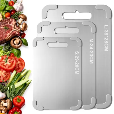 Image de Lot de 3 planches à découper en titane, planches en acier inoxydable S316, sans BPA, réversibles, idéales pour la viande, le pain, les légumes et les fruits, avec tapis antidérapant amovible