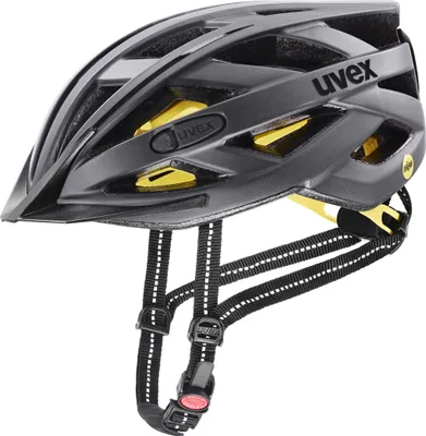 A gray Uvex bicycle helmet with yellow accents and black straps is shown against a white background.