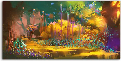Produktbild von Coloray Acrylbild 120x60  Wandbild Acrylbilder Fantasie Wald bunte Pflanzen Blumen