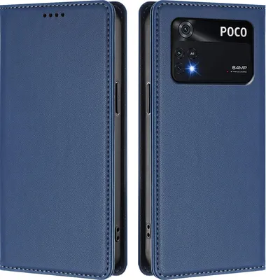 Image de Etui en cuir pour Xiaomi Poco M4 Pro 4G, étui magnétique en cuirPolyuréthaneavec support Bleu foncé