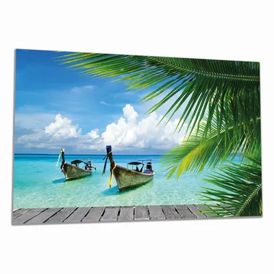 Produktbild von Wallario Herdabdeckplatte aus Glas, Größe 90 x 52 cm 1-teilig, Motiv Sonnenboot in der Karibik