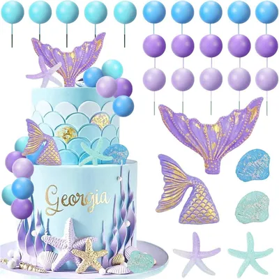 Immagine prodotto di Decorazioni per torte a tema sirena, set da 26 pezzi con stelle marine, conchiglie, code e palline, ideali per feste a tema