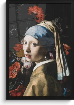 Produktbild von MuchoWow® MuchoWow® Gerahmtes Poster Mädchen mit Perlenohrring - Johannes Vermeer - Blumen - Rot 40x60 cm - Poster mit zchwarzem Bilderrahmen - Papierdruck - Wandbilder