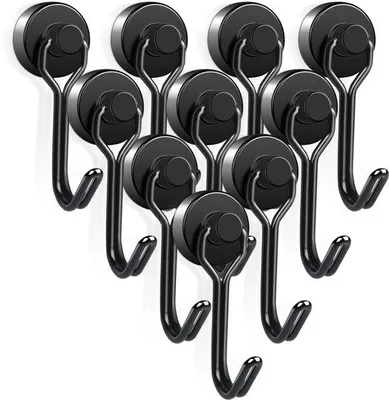 Obrázek produktu pro Sada 10 kusů silných černých magnetických háčků Unyqoos® – otočné o 360°, nosnost 9 kg, univerzální použití v kuchyni, kanceláři a garáži