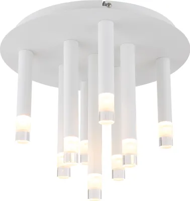 Produktbild von Globo Lighting Deckenleuchte Metall weiß matt, Metall weiß matt, Acryl satiniert, klar, ø: 340mm, H: 296mm, Stab-Längen: 1 x 27,2 cm, 4 x 22,2 cm, 4 x 17,2 cm, exkl. 9x G9 LED 4W 230V