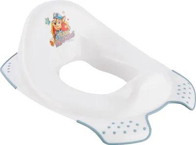 A white and blue child's toilet seat with a Paw Patrol character graphic.