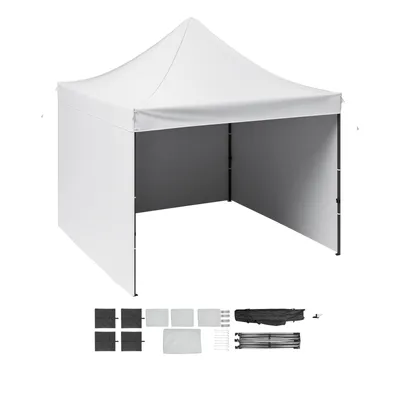 A white pop-up tent with its accessories laid out below, on a white background.