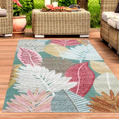 Produktbild von Outdoorteppich Teppich Außenbereich Blumen Muster 3d-Effekt wetterfest creme bunt Größe - 140 x 200 cm