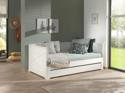 Produktbild von VIPACK Kojenbett mit Auszug, Liegefläche von 90 x 200 auf 180 x 200 erweiterbar, inkl. Bettschublade, Ausf. Kiefer mit MDF weiß lackiert