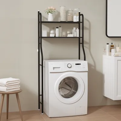 A washing machine with a storage rack above it in a bathroom.