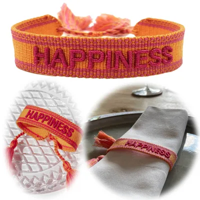 Produktbild von LS-LebenStil Canvas Statement Armband Happiness Gelb Pink besticktes Stoffarmband gewebt textiles Quasten Spruch Boho Geschenk Freundschaftsarmband
