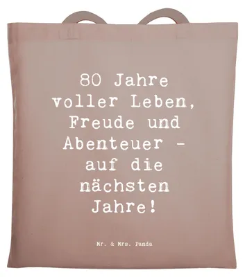 Produktbild von Mr. & Mrs. Panda Tote Bag Spruch 80. Geburtstag Abenteuer - Braun Pastell - Geschenk, Alter, Freude, Schultasche, Dankbarkeit, Beutel, Happy Birthday, Laptoptasche