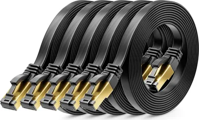Produktbild von deleyCON 5x 0,25m CAT 8 Netzwerkkabel Flach (40 Gbit/s, Kupfer) Gigabit Ethernet LAN Cable - Flaches Dünnes Kabel Flachkabel Patchkabel Kurz - RJ45 Stecker für CAT8 CAT7 CAT6 - Schwarz